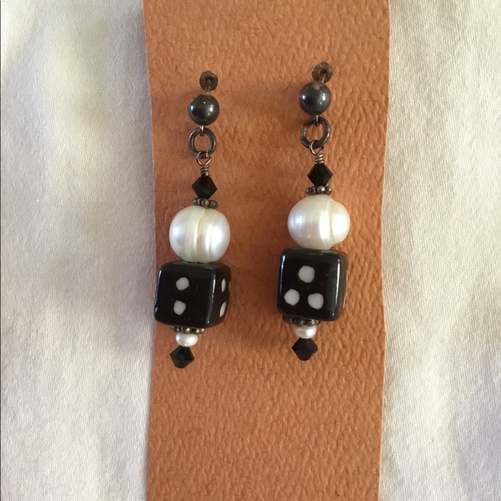 Handmade Dangling Earrings Black Dice & Faux Pearl